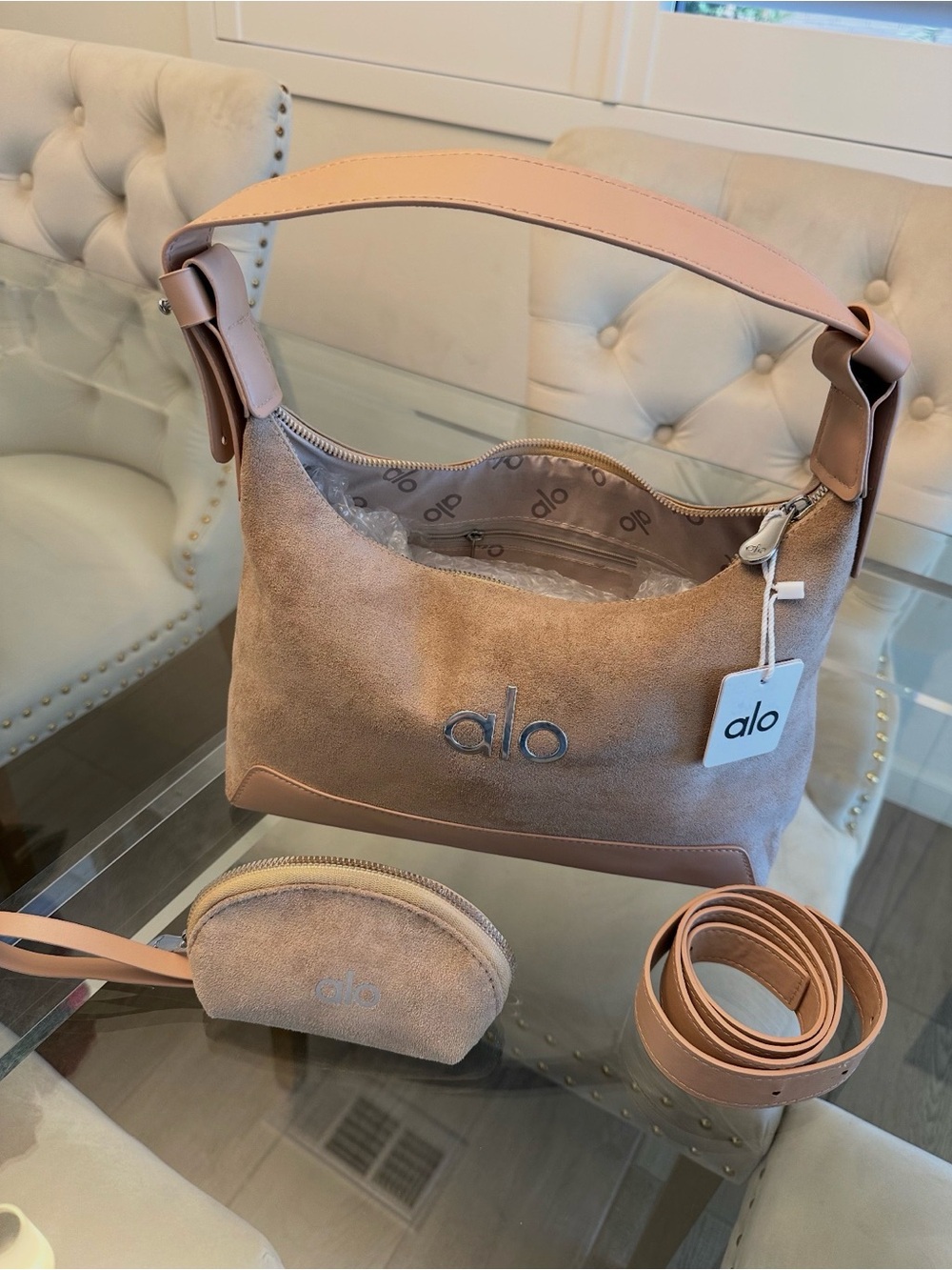 ALO Yoga Suede Hobo Bag beige with Matching Pouch